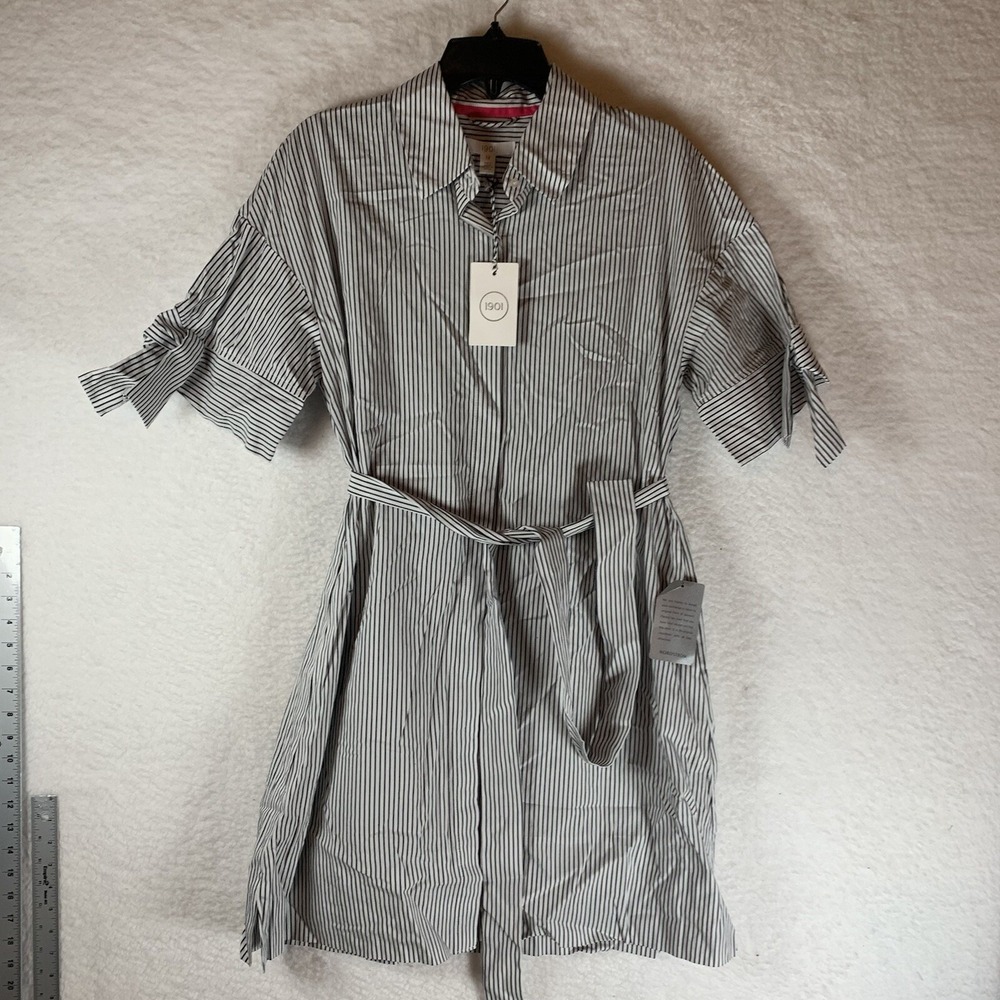 1901 WOMENS BLACK WHITE STRIPE SHIRT DRESS WITH BELT SIZE 12 NWT 5709